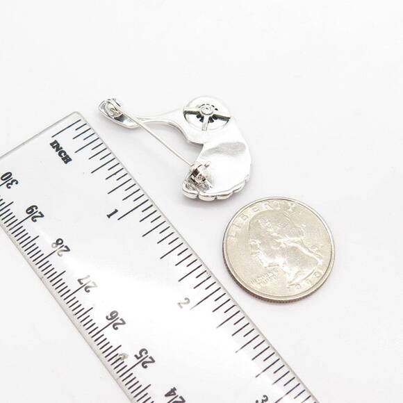 925 Sterling Silver Vintage MOP Black Onyx Marcasite Gem Pram Pin Brooch - Picture 2 of 6